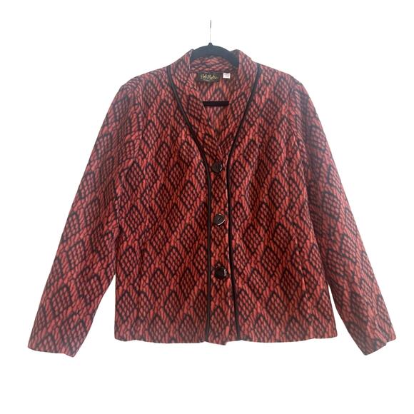 Bob Mackie Wearable Art Orange and Black Boho Print Button Down Fleece Jacket - Picture 1 of 8